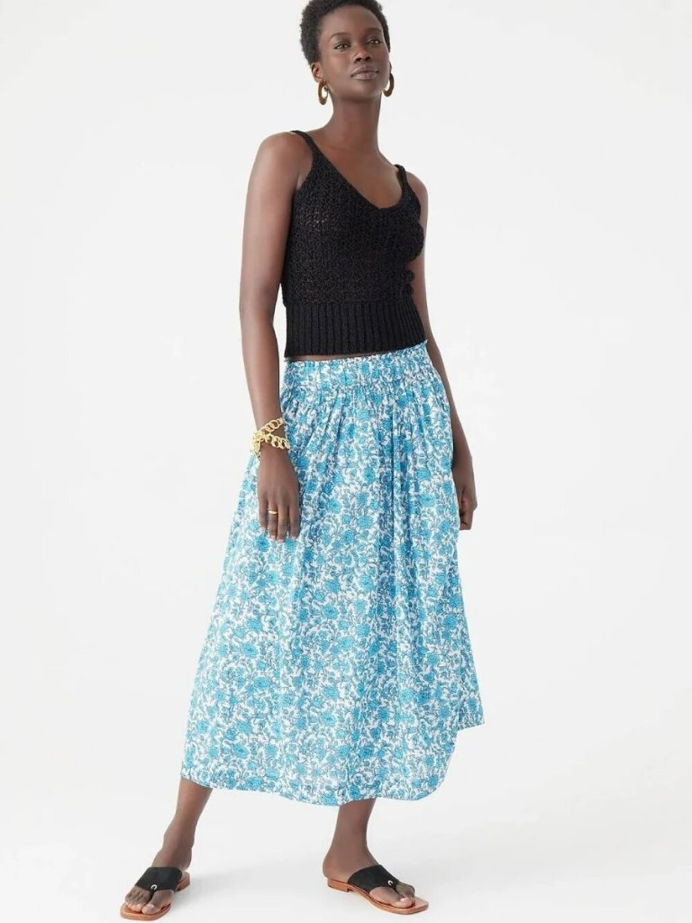 Boho Cottage Girly Whimsy J. Crew NWT Blue White Floral Cotton Midi Skirt Large